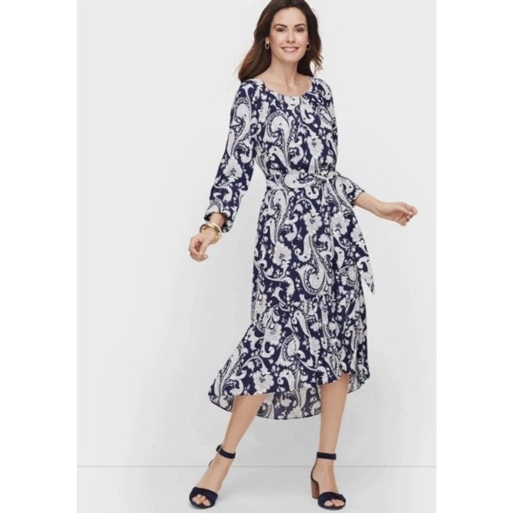 Talbots Blue White Paisley Flounce Hem Midi Dress Misses M Petite PM Knit